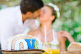 Wedding couple having picnic outside in park in summer