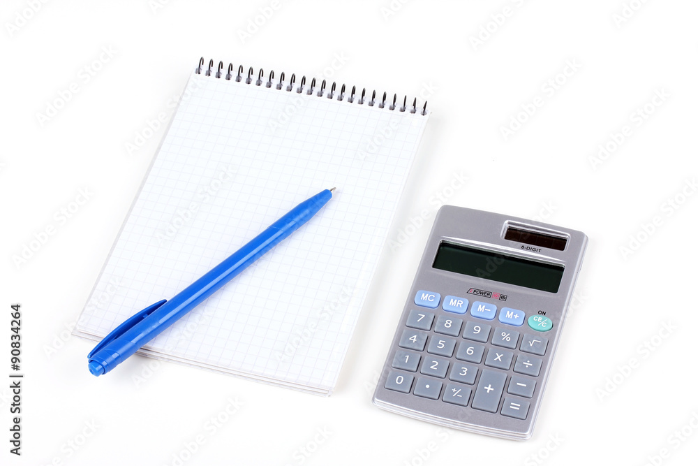 Calculator and paper notebook with blue pen Calculator and paper notebook with blue pen