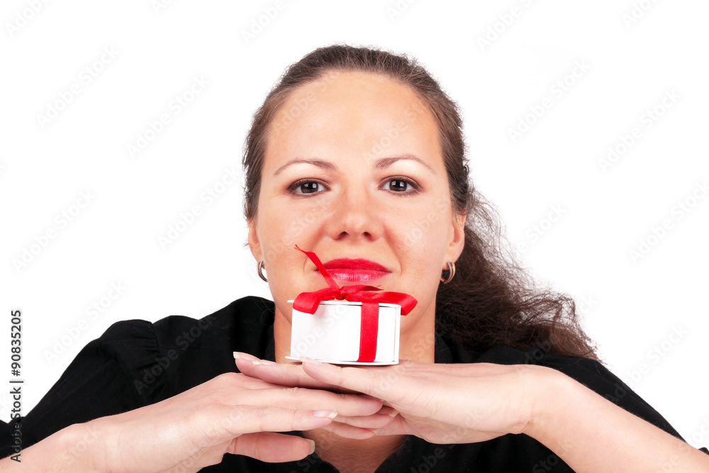 Happy woman with present box on hands Happy woman with present box on hands