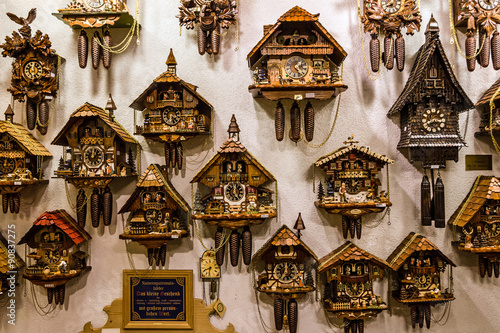 Clock. Vintage cuckoo clocks in shop, Bavaria, Munich, Germany photo