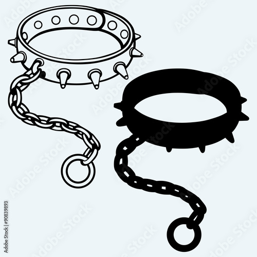 Leather fetish collar, steel spikes on surface. Isolated on blue background