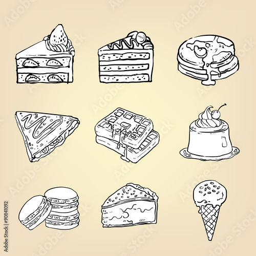 Doodle cake cheesecake waffle pudding macaron ice cream crepe pancake pie and other international sweet dessert icon set, vector