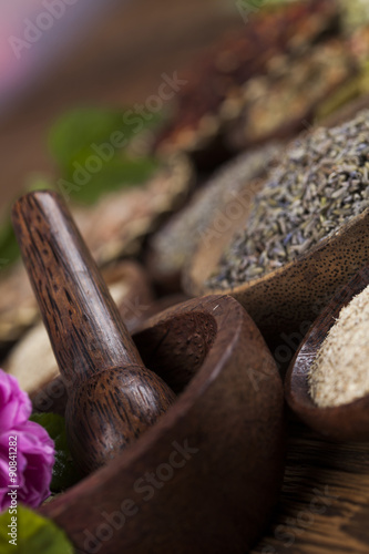 Natural remedy,Herbal medicine and wooden table background