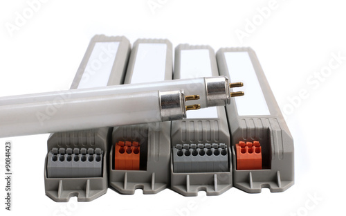 Fluorescent T5 light, and Electronic BallasTubes on White Background, fluorescent, lamps, Bulb. Caused by heat Until the end of its It has a black recycling, electrical, phosphor.