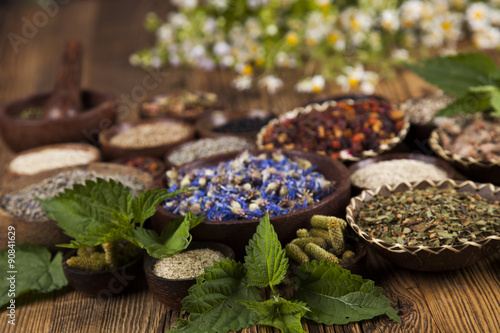 Natural remedy,Herbal medicine and wooden table background