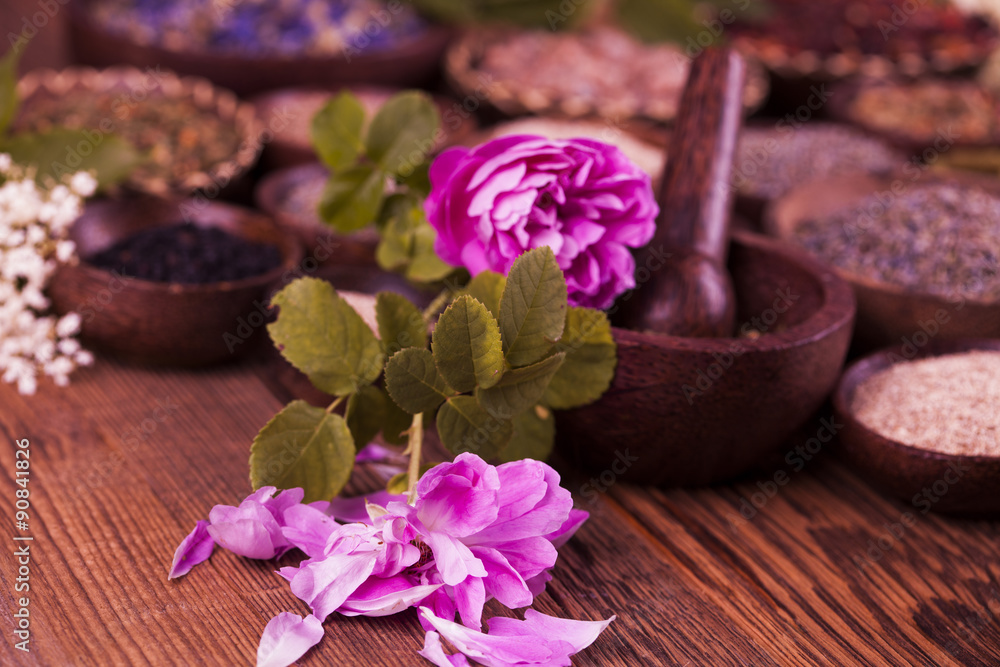 Natural remedy, mortar and herbs Natural remedy, mortar and herbs
