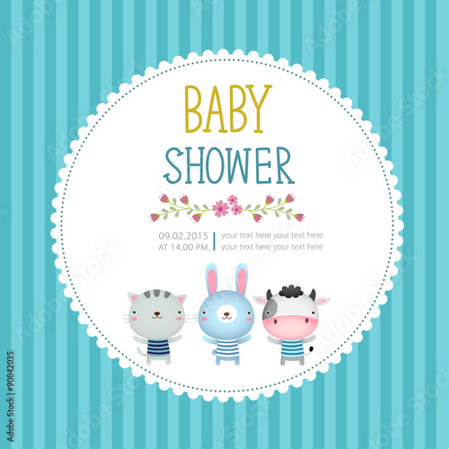 Baby shower invitation card template on blue background