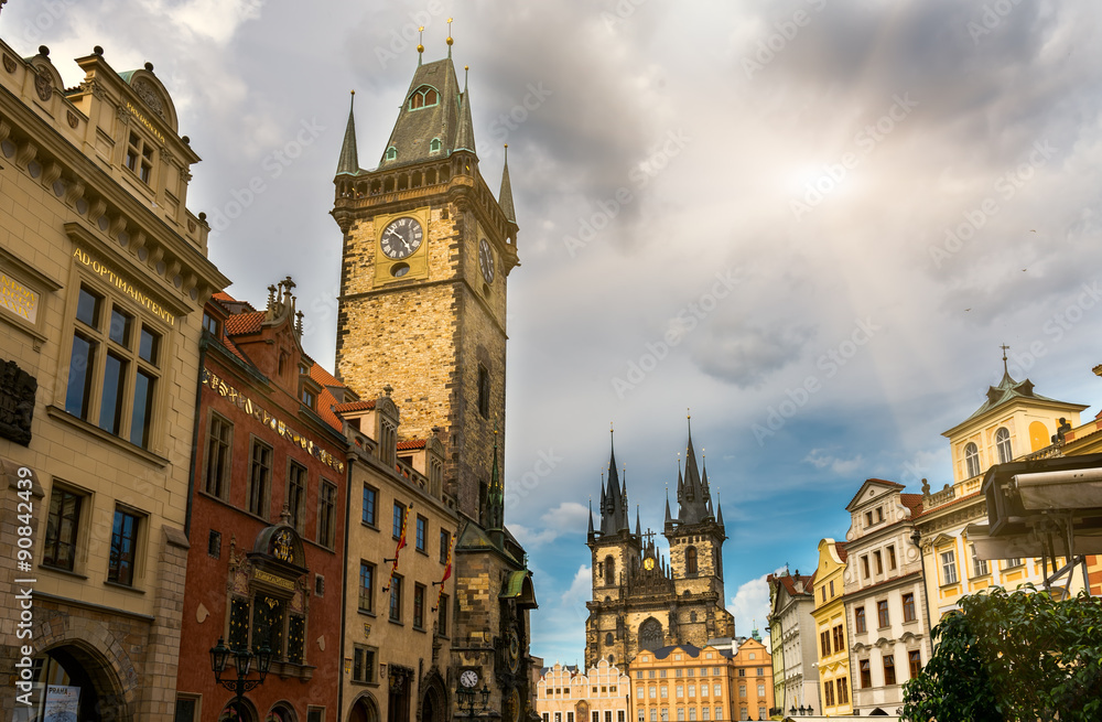 Old Town Square and Astronomical Clock Orloj in Prague. Czech Republic