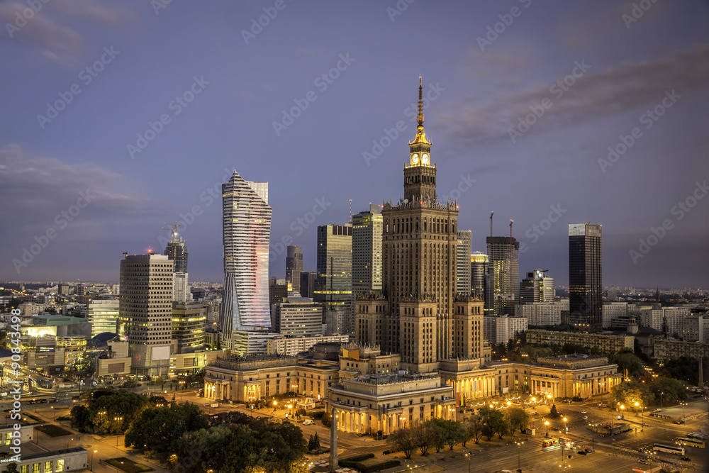 Fototapeta premium Warsaw downtown sunrise aerial view, Poland