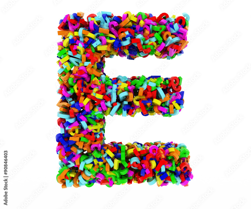 The letter E consists of numbers. Colored letters on a white background. 3D render. The letter E consists of numbers. Colored letters on a white background. 3D render.