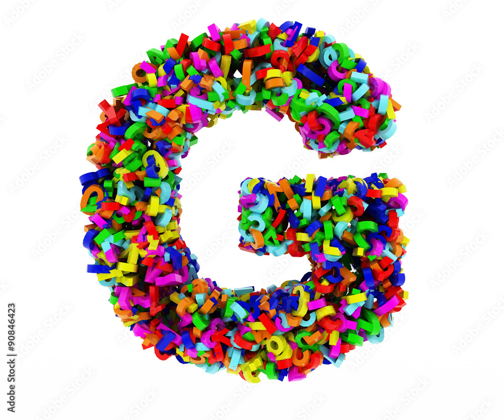 The letter G consists of numbers. Colored letters on a white background. 3D render.