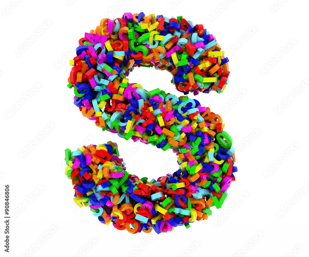 The letter S consists of numbers. Colored letters on a white background. 3D render. The letter S consists of numbers. Colored letters on a white background. 3D render.