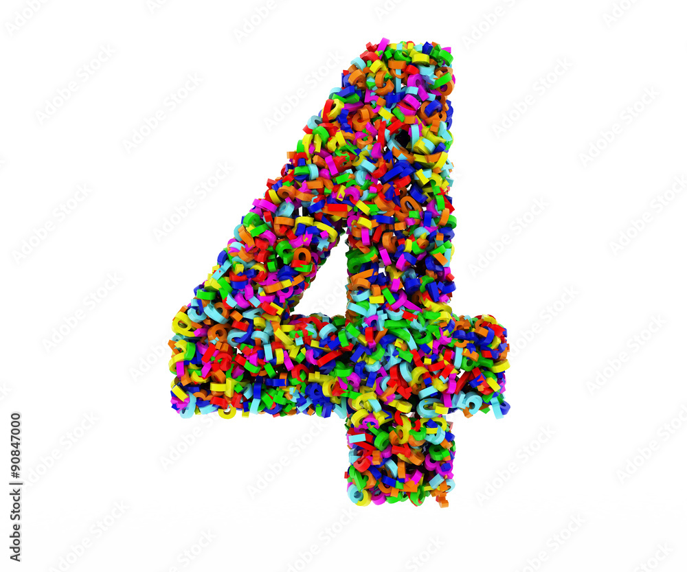 The symbol consists of 4 numbers. Colored letters on a white background. 3D render. The symbol consists of 4 numbers. Colored letters on a white background. 3D render.