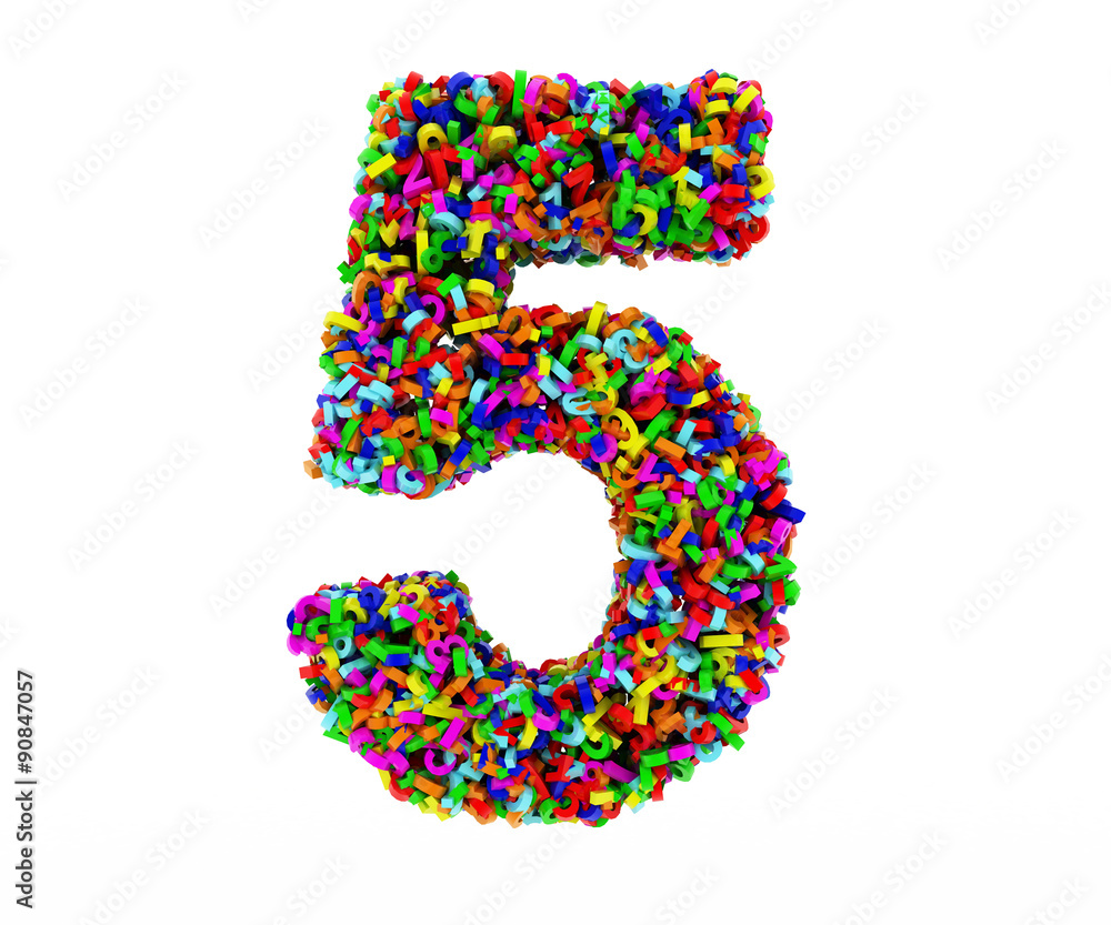 The symbol consists of 5 numbers. Colored letters on a white background. 3D render. The symbol consists of 5 numbers. Colored letters on a white background. 3D render.