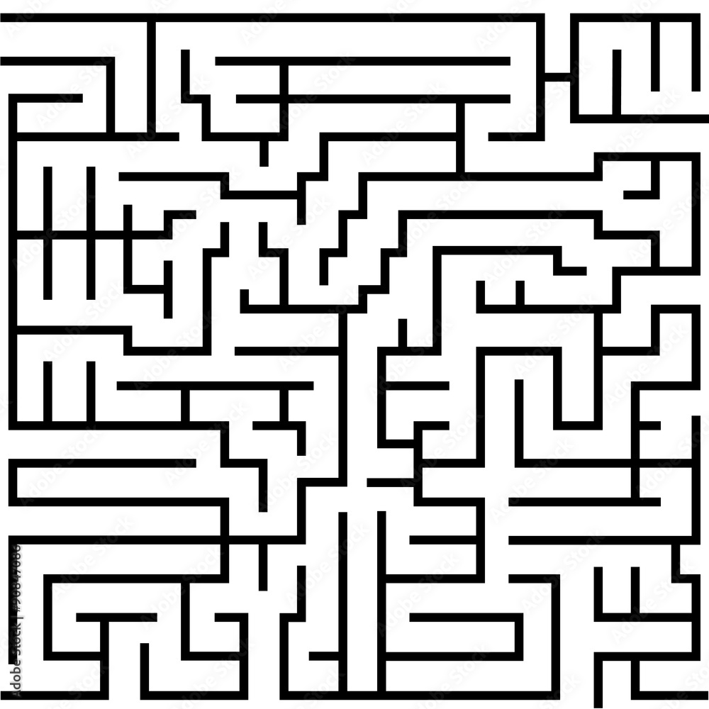 Labyrinth game way. Square maze, simple logic game with labyrinths way for children. Find out quiz, finding exit path rebus or logic labyrinth challenge isolated vector illustration