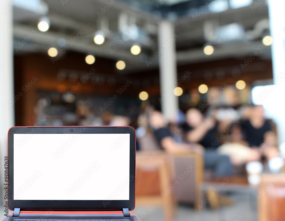 Blurred background : laptop and customer at restaurant blur back Blurred background : laptop and customer at restaurant blur back