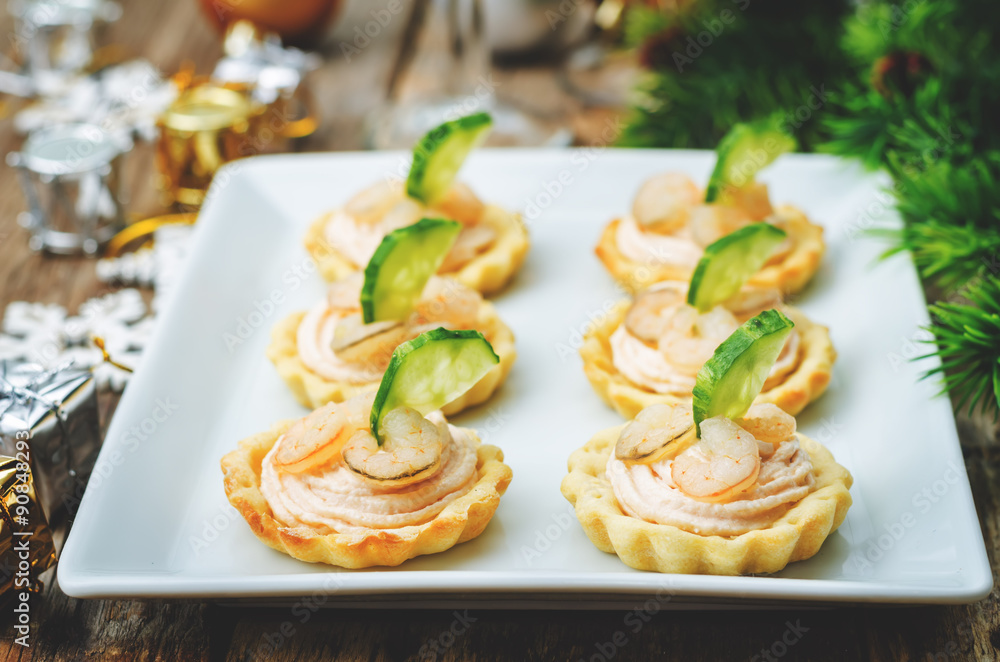 tartlets with salmon mousse, shrimp and cucumber