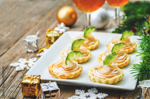 tartlets with salmon mousse, shrimp and cucumber for the New yea