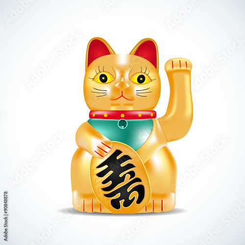 Maneki neko, golden cat. Japanese golden little sculpture. Lucky cat on red circle with fireworks. Vector illustration.