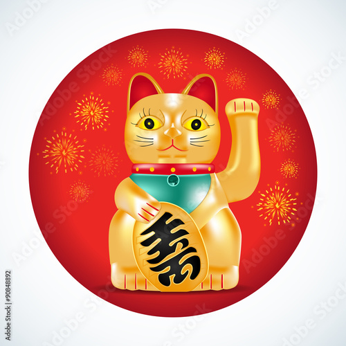 Maneki neko, golden cat. Japanese golden little sculpture. Lucky cat on red circle with fireworks. Vector illustration.