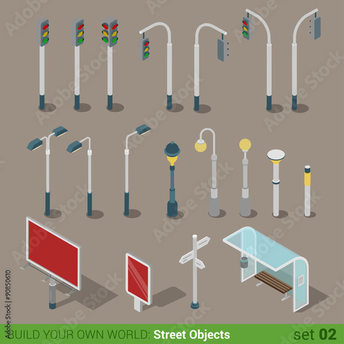 Flat 3d isometric street objects icon set