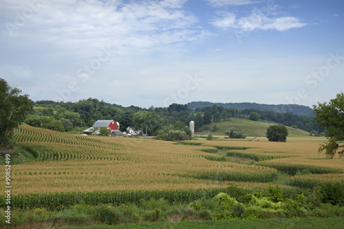 Wisconsin farm with red barn and corn field
