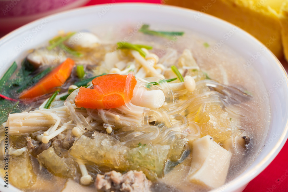 Famous tofu soup with vegetables pork and mushroom, Thai style food. Famous tofu soup with vegetables pork and mushroom, Thai style food.