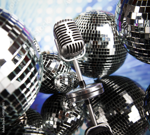 Retro microphone and sound waves and Disco Balls 