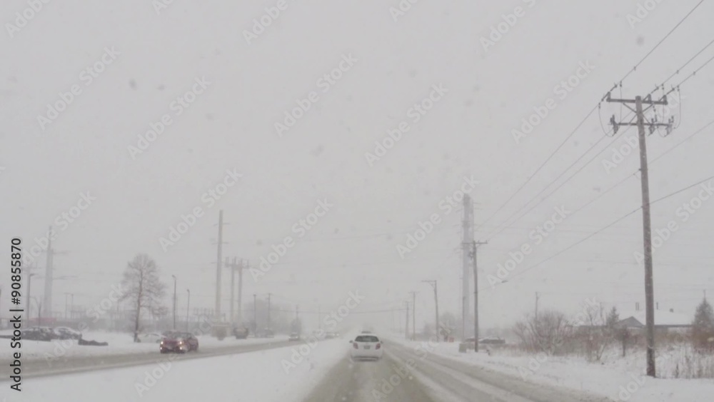 Driving car on slippery roads during cold winter snow storm Driving car on slippery roads during cold winter snow storm