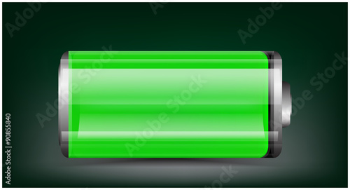Vector transparent battery illustration. Full green battery on dark background