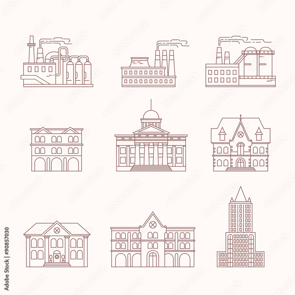  Set of  9 Building Icons. Linear style. Vector illustration.