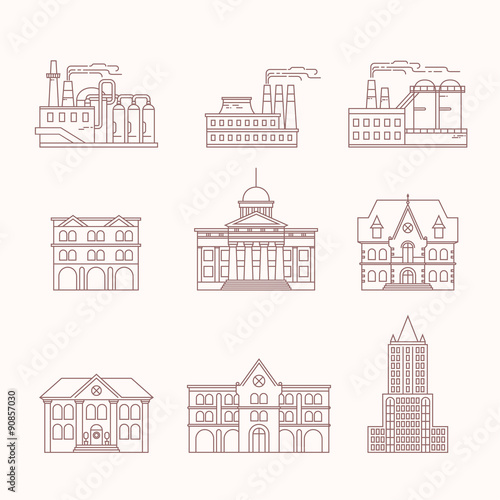  Set of  9 Building Icons. Linear style. Vector illustration.