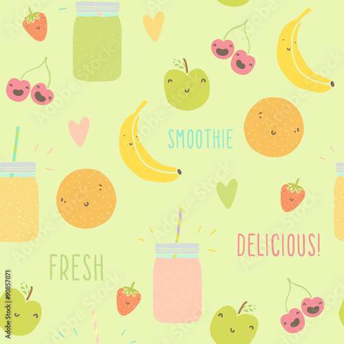 Funny fruits and smoothie jars seamless pattern. 