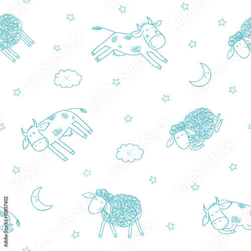 Children's seamless pattern with cute sheeps and cows. Tender color palettes.