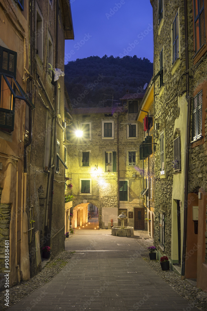 The typical ancient small street in a small town in Liguria