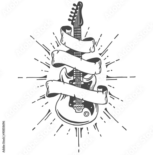 Hand drawn electric guitar with ribbon and text