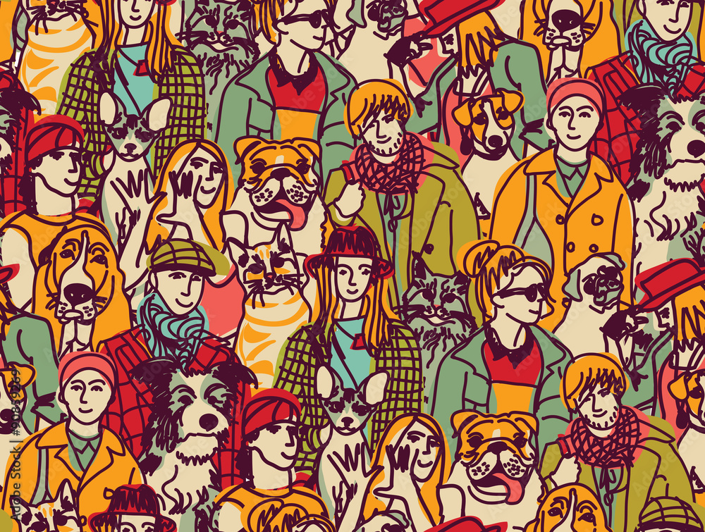 Big group people and pets color seamless pattern