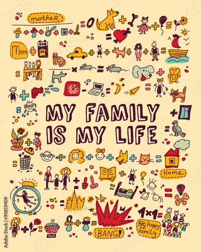 My family my life icons and objects color