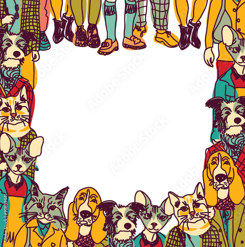 People like cats and dogs border frame isolate