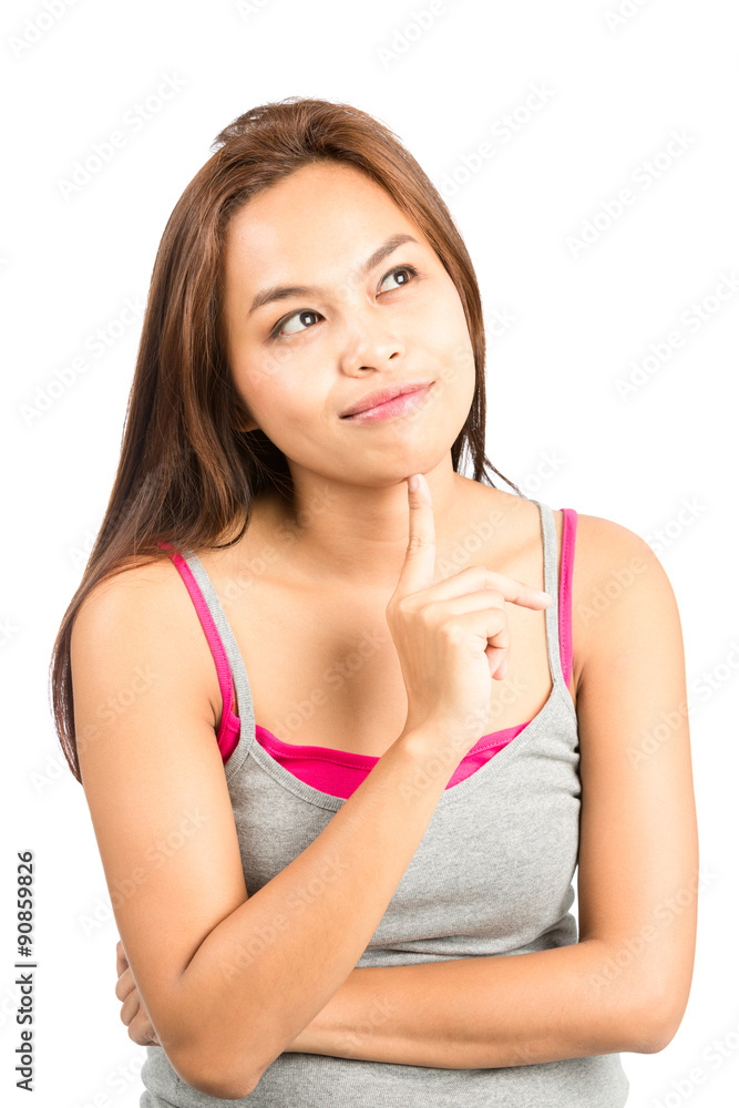 Brainstorming Asian Girl Arms Crossed Looking Up Brainstorming Asian Girl Arms Crossed Looking Up