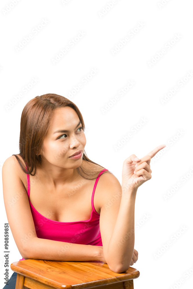 Finger Pointing Asian Woman Blank Ad Copy Space V Finger Pointing Asian Woman Blank Ad Copy Space V