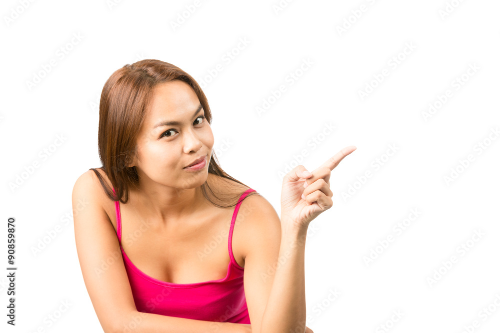Finger Pointing Copy Space Asian Woman Looking At Finger Pointing Copy Space Asian Woman Looking At