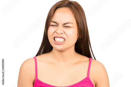 Angry Asian Woman Gritting Teeth Closed Eyes H