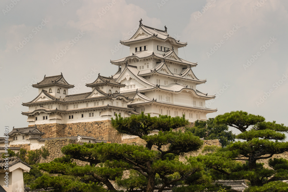 Himeji castle with pine trees in foreground Himeji castle with pine trees in foreground