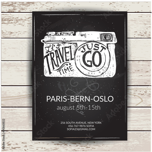 Travel photo label with retro camera