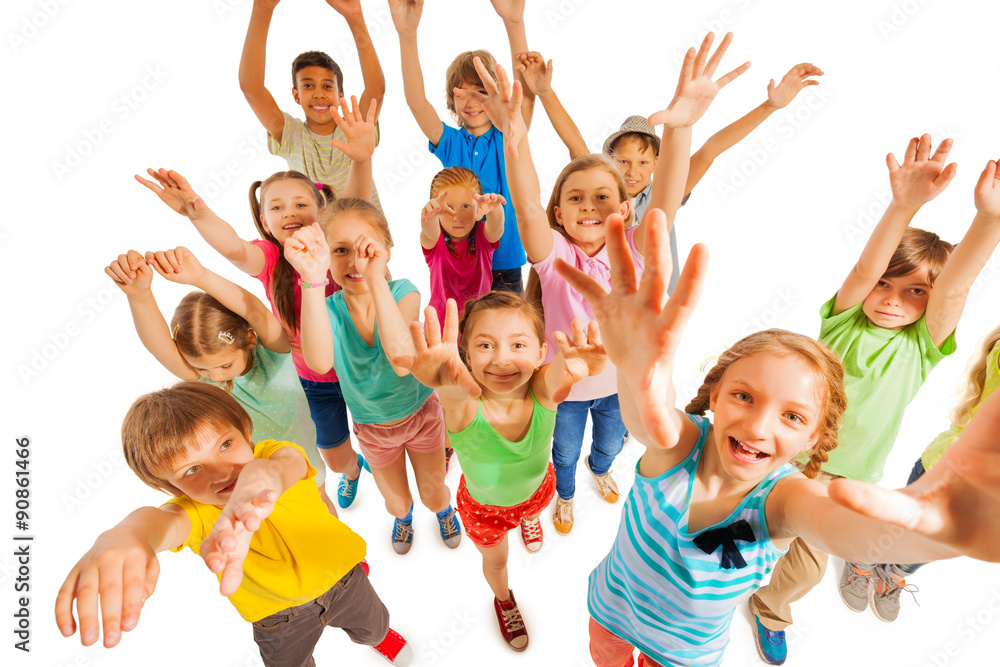 Cheering kids lifting hands up in air Stock Photo | Adobe Stock