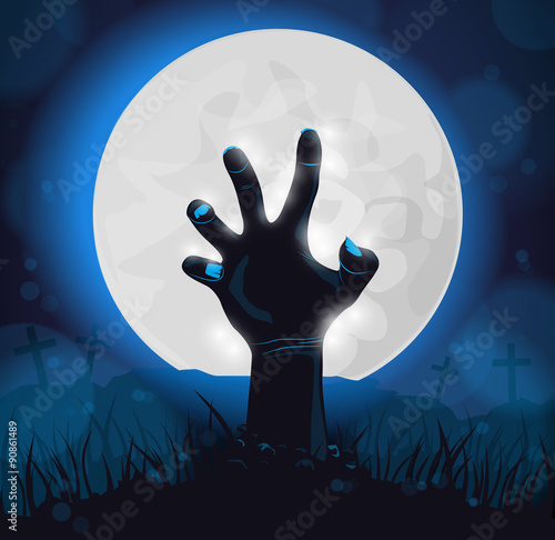 Halloween background, poster for party with zombie dead man's arms from the ground.