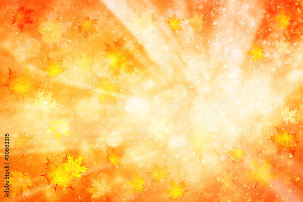 Magical colorful autumn season blurred leaves on blurry bright yellow, orange and red bokeh background. Autumn season illustration with copyspace background. Magical colorful autumn season blurred leaves on blurry bright yellow, orange and red bokeh background. Autumn season illustration with copyspace background.