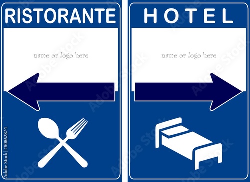 Cartello stradale hotel ristorante con freccia indicatrice photo