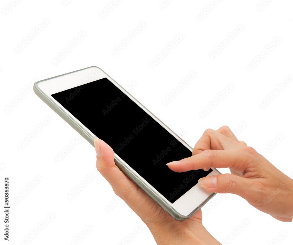 Female using tablet on white background.